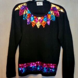 Glory B/Gloria Furman Black & Festive Multi Color Sequin Angora Sweater. Sz PS